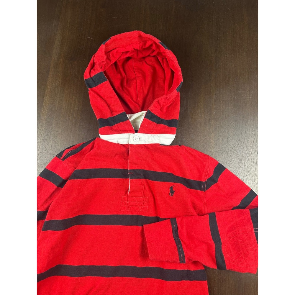 Polo Ralph Lauren Kids Red Navy Blue Striped Hooded Rugby Shirt Size M 10-12
